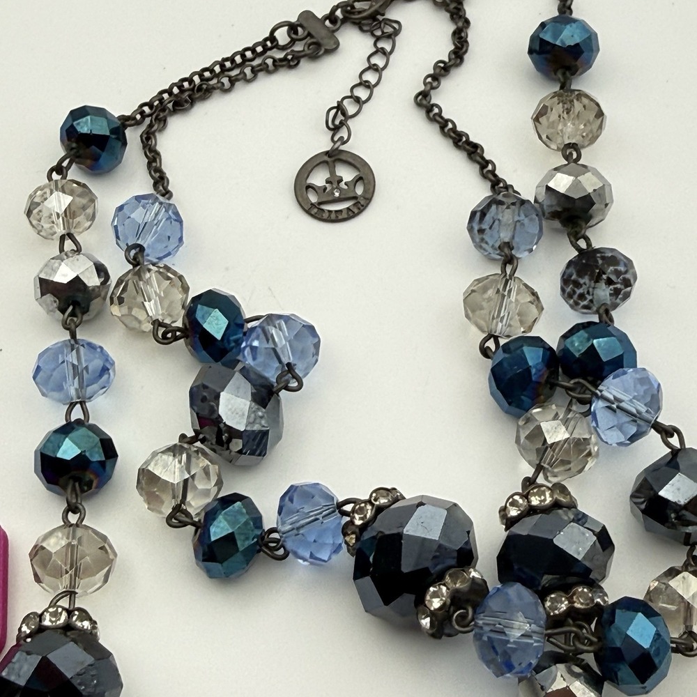 Trifari Blue Faceted Glass Bead Double Strand Necklace Rhinestone Gunmetal 19"
